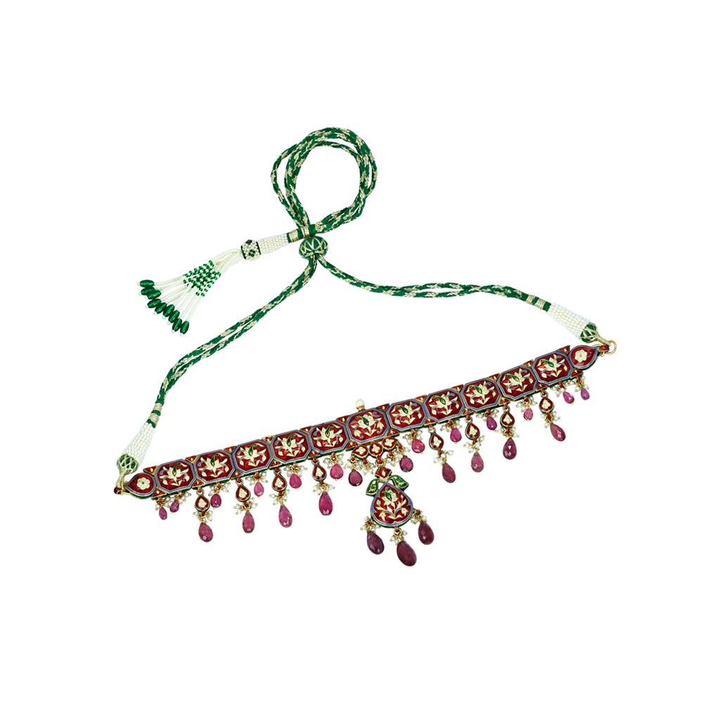 Polki Choker Set with Green Enamel, Tourmaline, and Pearls